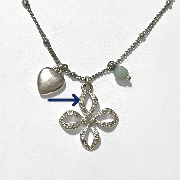 Fossil Necklace Silver Tone Flower Pendant Heart Bead Charm Boho Chic Jewelry - Picture 4 of 8